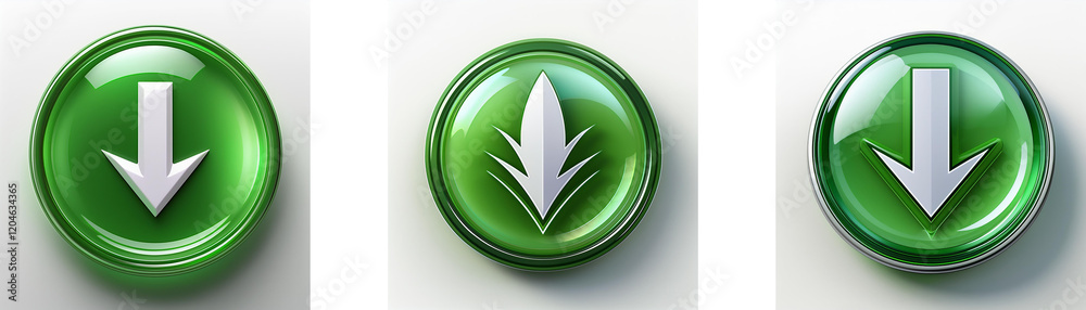 Leinwandbilder three glossy green circular buttons feature variations of a downward-pointing arrow, symbolizing dow
