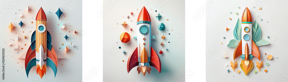 Poster three colorful paper rockets, ready for launch, surrounded by vibrant confetti-like shapes. a creati
