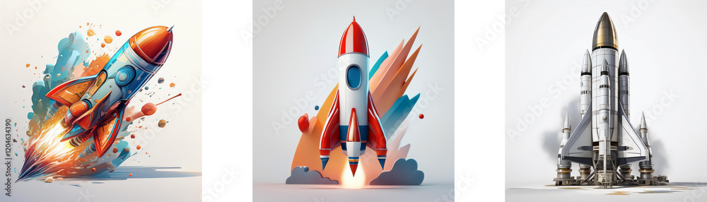 Poster three rocket illustrations; one dynamic, one launching, and one poised for flight. they showcase vib