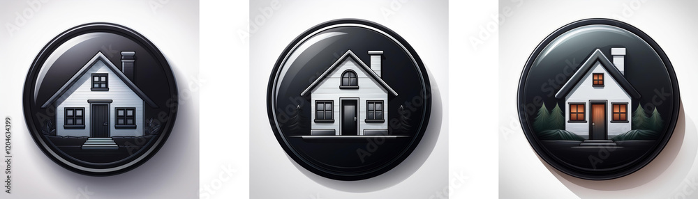 Poster three glossy black circular buttons feature a simple house icon in varying detail. one shows a minim