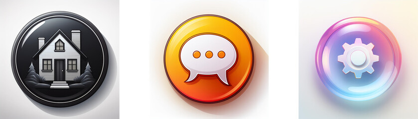 Naklejka premium Three glossy circular buttons depict a house, a speech bubble, and a gear. They represent home, communication, and settings respectively.