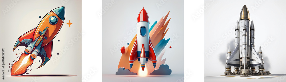 Poster three stylized rocket illustrations showcase different launch stages and designs, representing speed