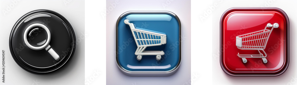 Poster three glossy buttons display icons: a magnifying glass, a shopping cart on blue, and a shopping cart