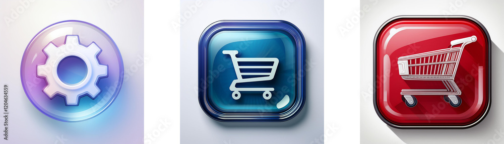 Poster three glossy buttons feature app icons: settings gear, shopping cart, and shopping cart. perfect for