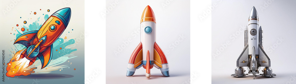 Poster three rockets, each with unique style and design, represent different artistic interpretations of sp