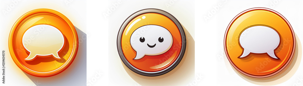 Fototapete Three glossy orange circular buttons feature a white speech bubble; one bubble has a happy face.  These icons represent communication and messaging.