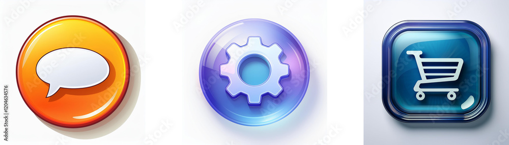 Aufkleber three glossy buttons depict communication, settings, and shopping. each button features a distinct i