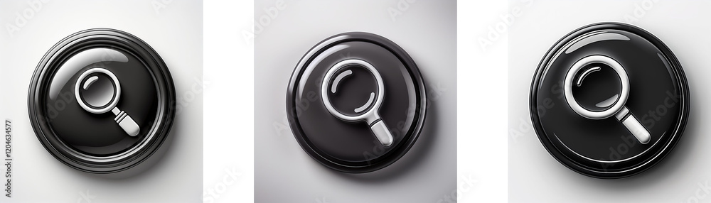 Poster three dark gray circular buttons feature a white magnifying glass icon. simple, sleek design.