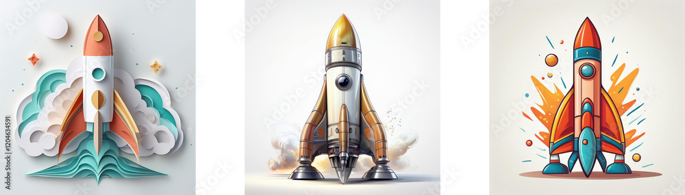 Poster three unique rocket illustrations showcase diverse artistic styles. each depicts a rocket launch, hi