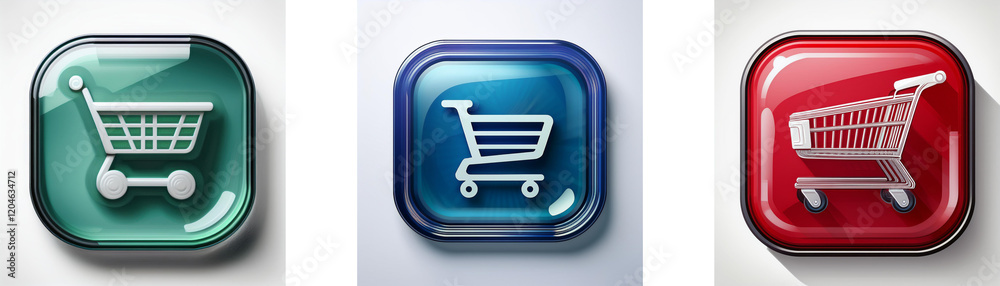 Aufkleber Three glossy square buttons feature shopping cart icons in teal, blue, and red.  Each button has a shadow.