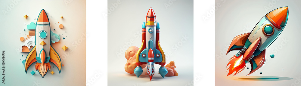 Poster three stylized rockets, in varying positions and designs, against a light background. each rocket di