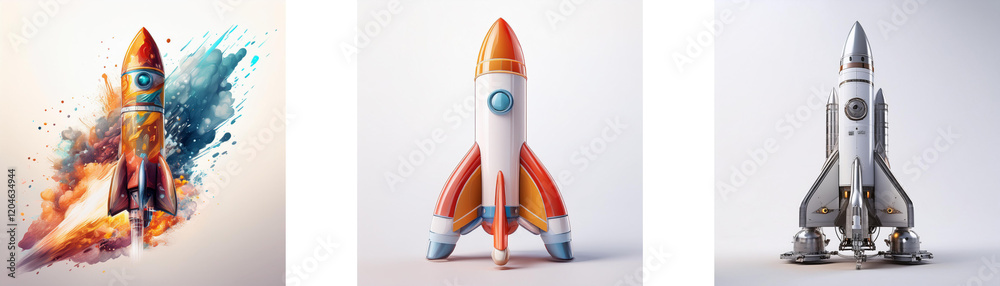 Aufkleber three rocket illustrations: one vibrant, colorful, and dynamic; another minimalist and simple; the l