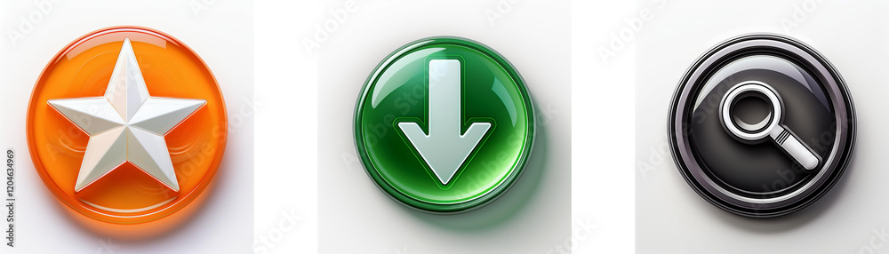 Fototapete three glossy circular buttons display a star, downward arrow, and magnifying glass. simple icons for