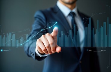 Businessman interacts with interactive graph. Business strategy development chart. Investment growth analysis. Positive trend shown. Projected revenue increase. Financial market analysis. Manager