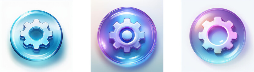 Three glossy circular buttons display a gear icon in varying pastel colors: light blue, purple and pink.  These settings icons represent configuration or options.