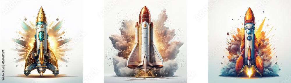 Poster three rockets launching, vibrant explosions of color and motion, symbolizing powerful beginnings and