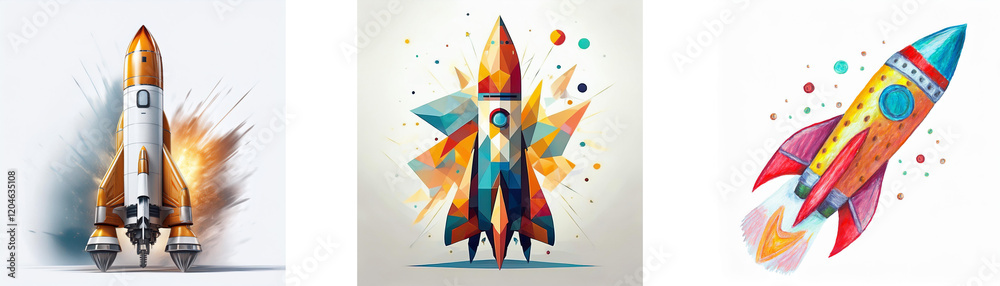 Poster three rockets, each with unique style and color, represent launch, innovation, and speed. one blasts