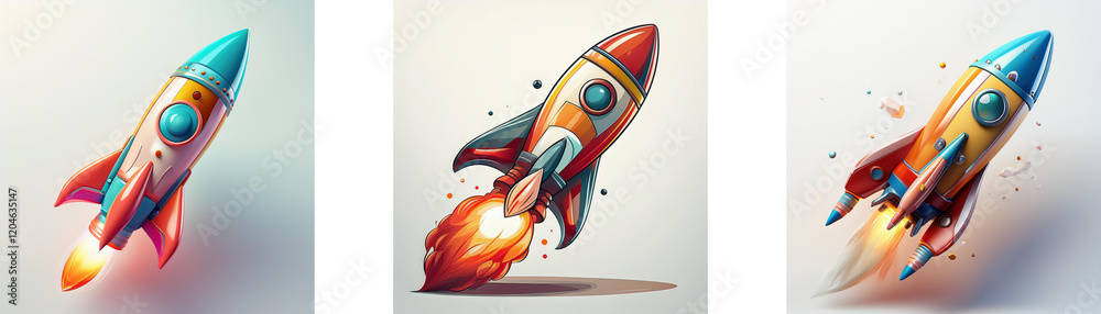 Poster three vibrant rockets, each with unique color schemes, soar through space, leaving fiery trails. the