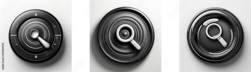 Poster three circular, dark gray icons featuring a magnifying glass symbol; one incorporates a dial design.