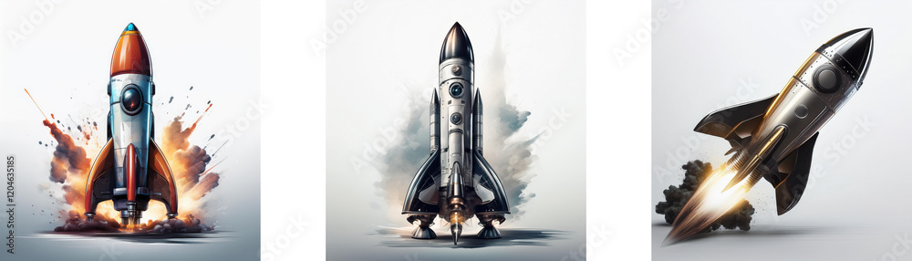 Poster three rockets, depicted in various stages of launch, against a light backdrop. one explodes in fiery