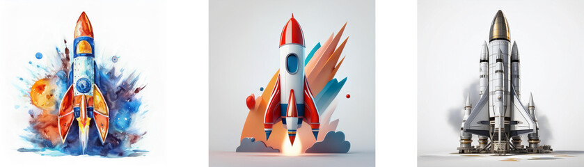 Three rockets, diverse styles, symbolize innovation, launch, and progress.  A vibrant watercolor rocket, a sleek modern rocket, and a detailed space shuttle depict different stages of development.