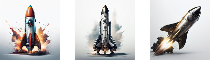 Three rockets, depicted in various stages of launch, against a light backdrop.  One explodes in fiery brilliance, another ascends majestically, and a third streaks across the sky.