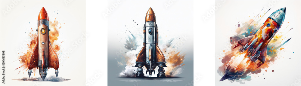 Poster three rockets launching, depicted in watercolor style with vibrant colors and dynamic motion. each r