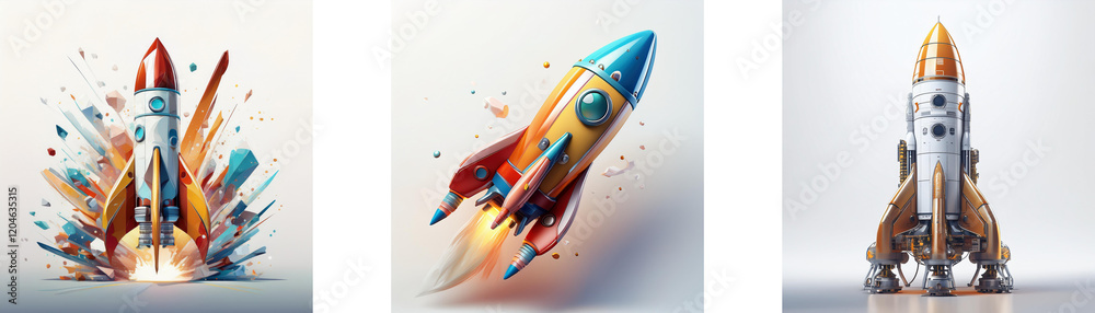 Poster three rockets in vibrant colors, showcasing dynamic launch and flight stages. one explodes in a colo