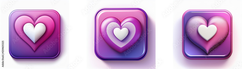 Poster Three square buttons feature layered hearts in shades of pink and purple.  A gradient effect adds depth.