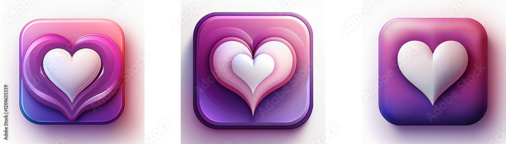 Poster three square icons feature a white heart on a pink and purple gradient background. the hearts vary s