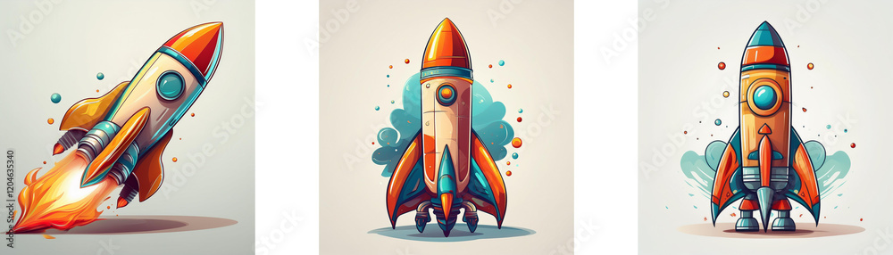 Poster three vibrant cartoon rockets, ready for launch. one is mid-flight, trailing flames, while two stand