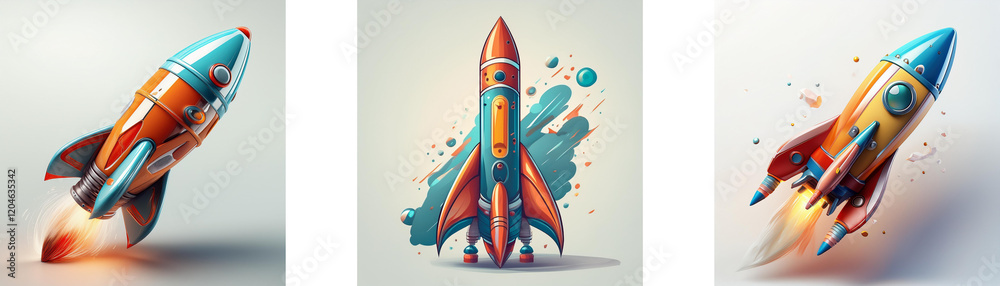 Poster three vibrant rockets, ready for launch, displayed against a light background. their designs are col