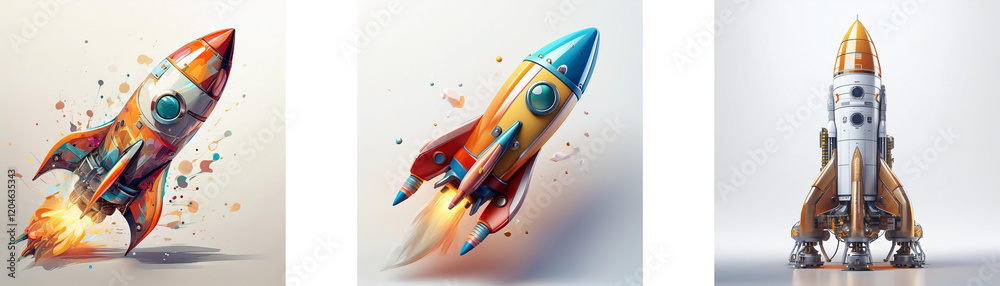 Poster Three vibrant rockets, each with unique designs and color schemes, soar against simple backgrounds.  Their trails suggest motion and energy.