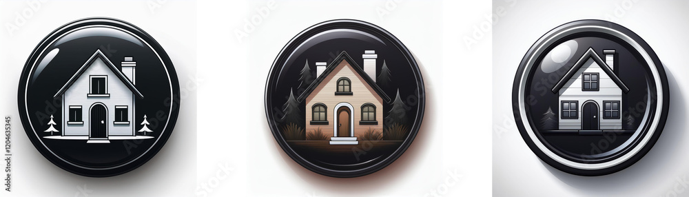 Aufkleber three glossy round buttons feature a house icon; one button is black and white, one is beige and bla