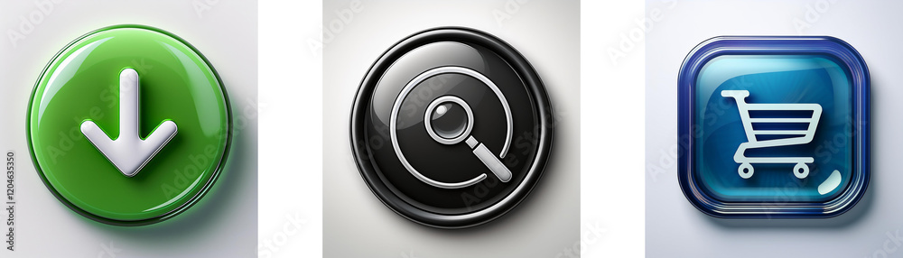 Aufkleber Three glossy buttons display download, search, and shopping cart icons.  Modern, simple, and user-friendly interface elements.