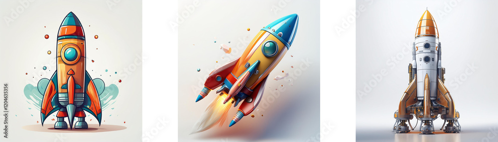 Poster three colorful rockets, rendered in a vibrant, cartoonish style, poised for launch. each displays un