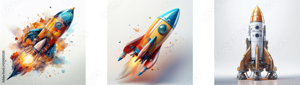 Poster three rockets depicted in vibrant, stylized artwork. one explodes mid-flight, another ascends, and a