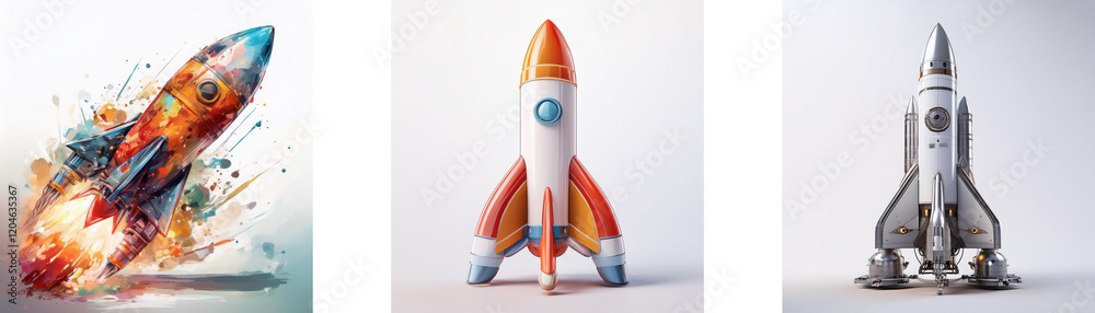 Poster three stylized rockets, each with unique design and color scheme, represent concepts of space travel