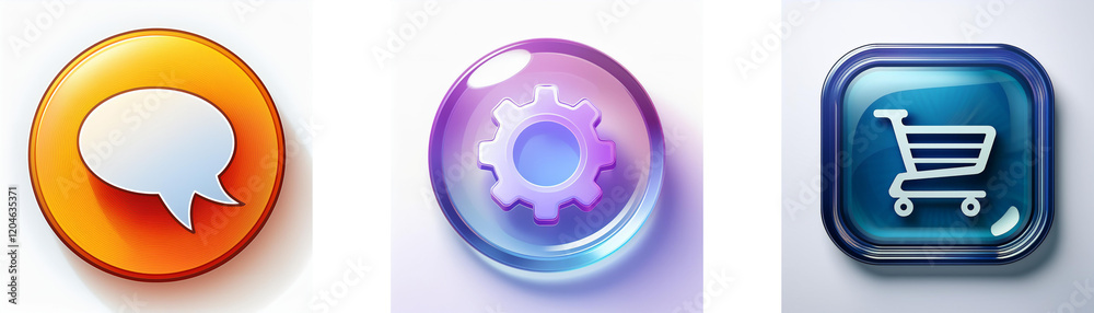 Poster three glossy buttons depict communication, settings, and online shopping. each button features a dis