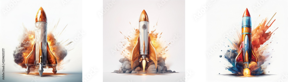 Poster three rockets launch, engulfed in fiery explosions and smoke. dynamic illustration of powerful lifto
