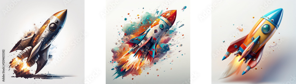 Poster Three rockets launch into space, each with unique colors and styles, creating a dynamic and energetic image.  The rockets leave fiery trails of color.