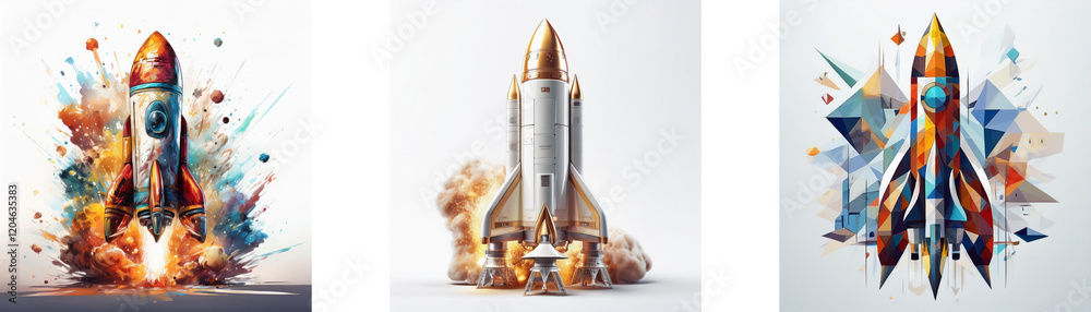 Poster three stylized rocket launch illustrations; vibrant color palettes, dynamic compositions, explosions