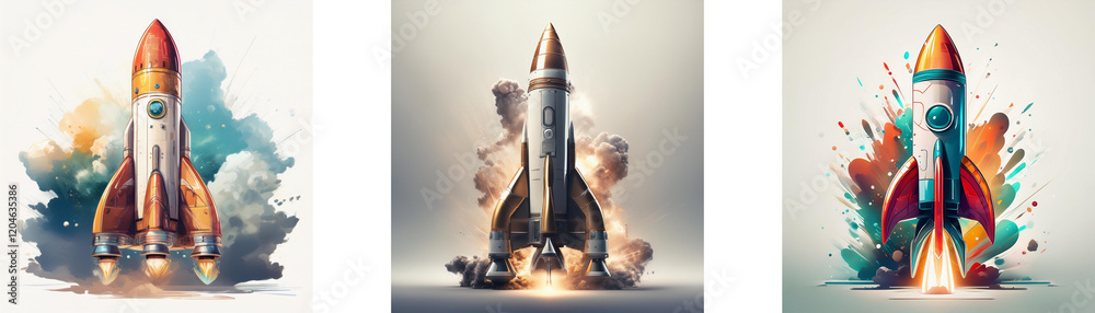 Poster three rockets launching, showcasing vibrant colors and dynamic movement against different background