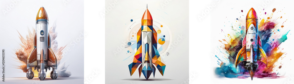 Poster three rockets, each depicted differently, represent innovation and rapid growth. one launches from a