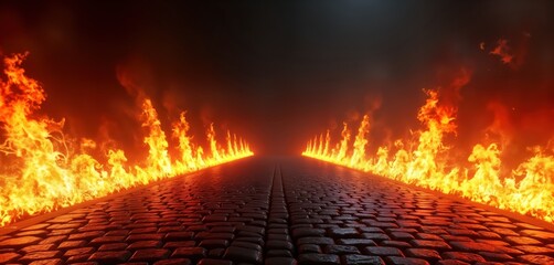 Burning road stretches into darkness. Flames line cobblestone path. Fiery glow, heat palpable. Image suggests path to destruction hell. Feeling of impending doom, power of fire evoked. Suitable for