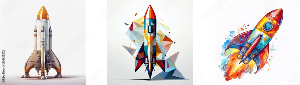 Poster three stylized rockets, each with unique design and color palettes. one is realistic, another geomet