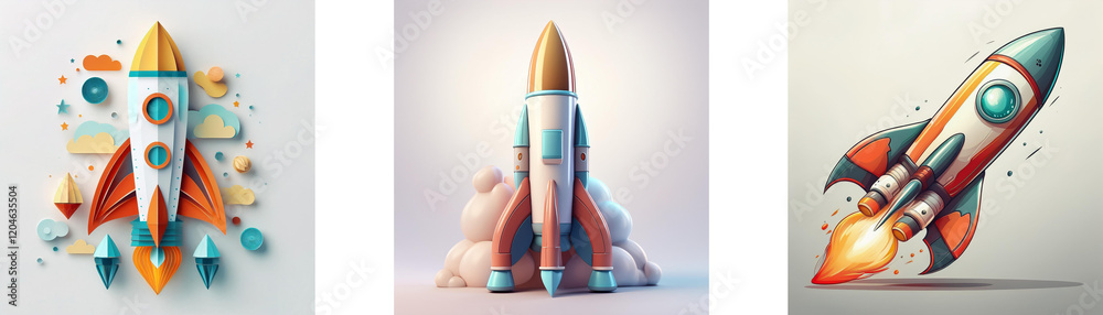 Poster three stylized rocket illustrations showcase varying artistic styles and perspectives; one is paper-