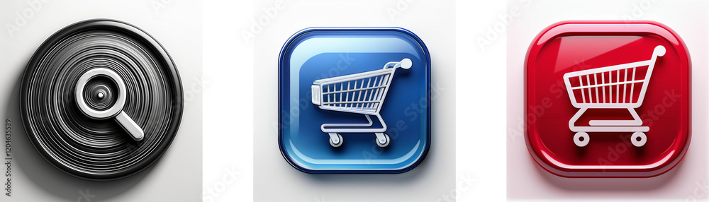 Poster three glossy buttons: a black circle with a magnifying glass, a blue square with a shopping cart, an