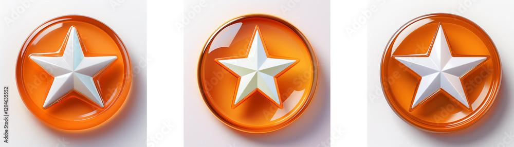 Poster three round, orange, glossy objects each contain a white, five-pointed star. the stars are centrally