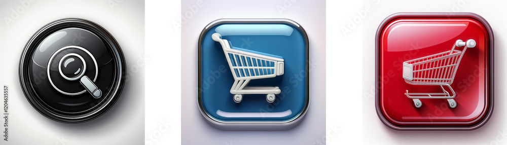 Poster three glossy buttons display online shopping icons: a magnifying glass for search, and two shopping 